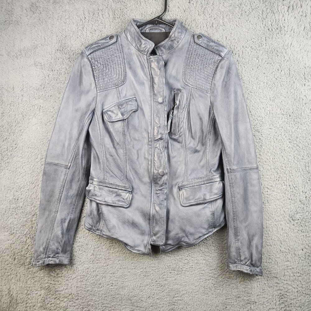 Y2K Vegan Faux Leather‎ Cafe Racer Moto Jacket Women's Small Slate Blue Petina